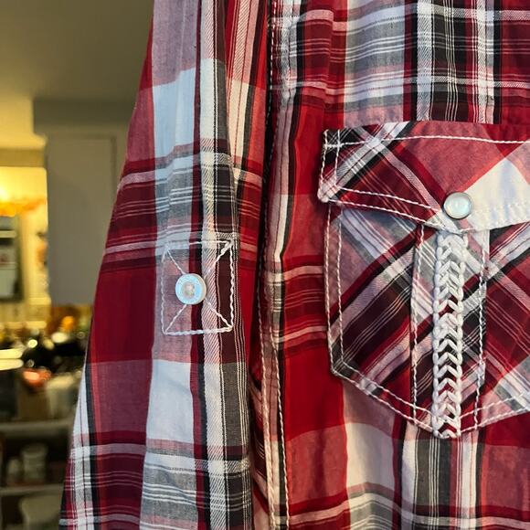 Helix Red Plaid Shirt Athletic Fit Roll L Tab Sleeves Embroidered Country Cherry - Picture 8 of 10